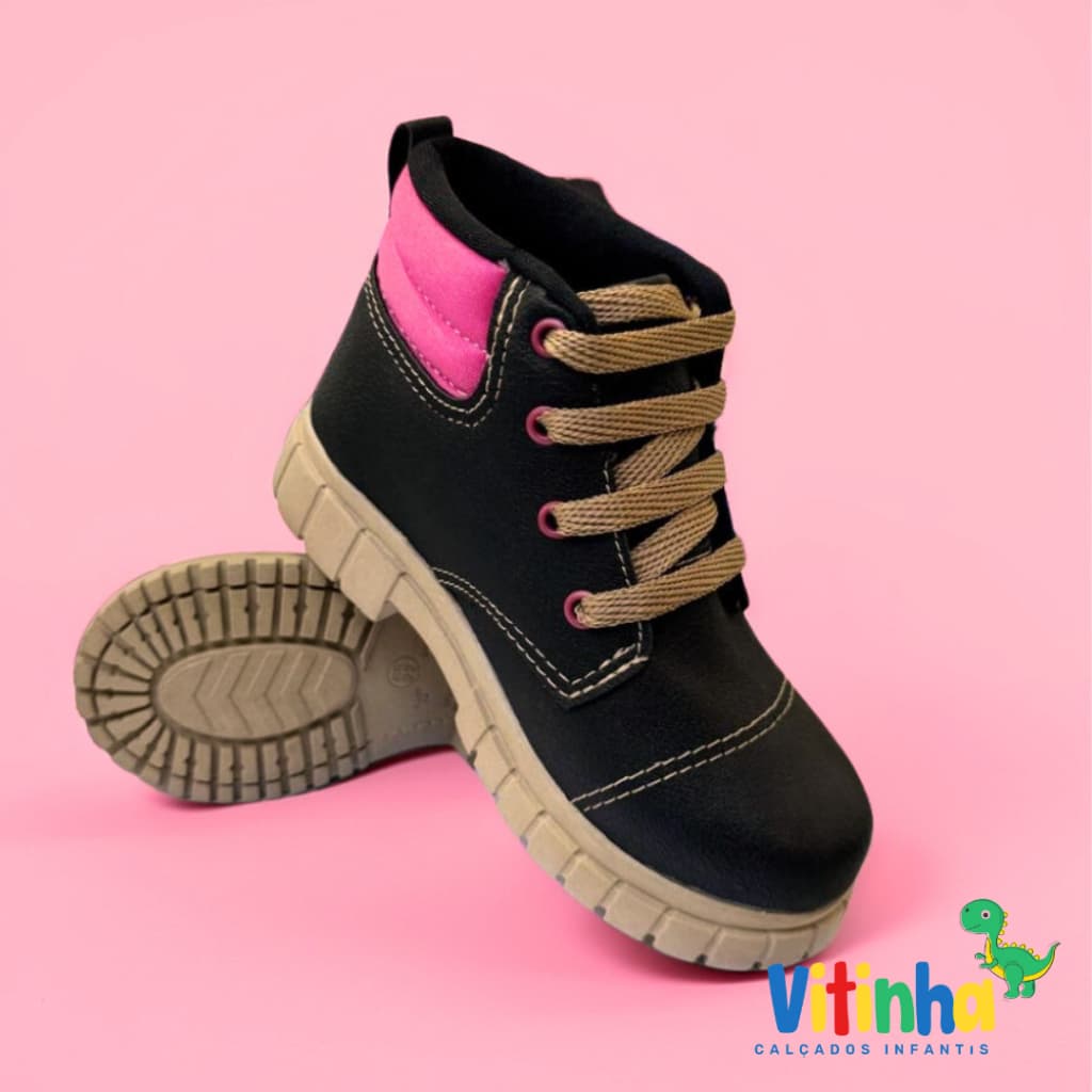Botinha Coturno Menina Infantil Bota Princesa Bebê  Cowntry B2018 PRETO PINK