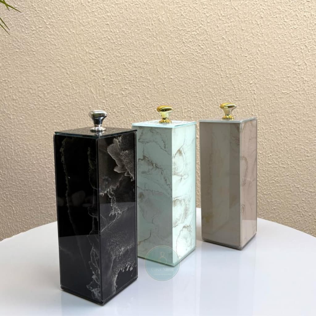 Porta Escova de Dente Organizador De Vidro Com Tampa Metalizada Efeito Mármore