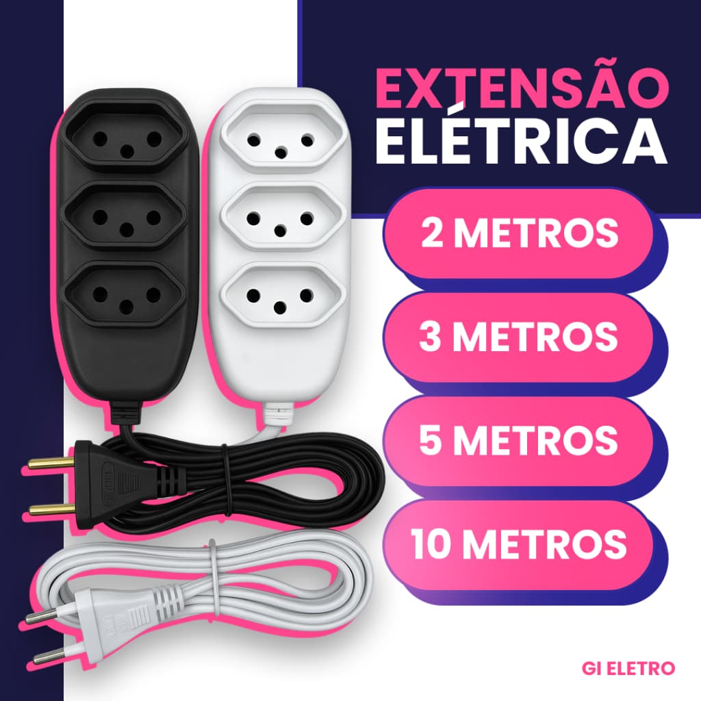 EXTENSÃO ELÉTRICA 2/3/5/10 METROS TRIPOLAR 10A BIVOLT - BRANCA OU PRETA