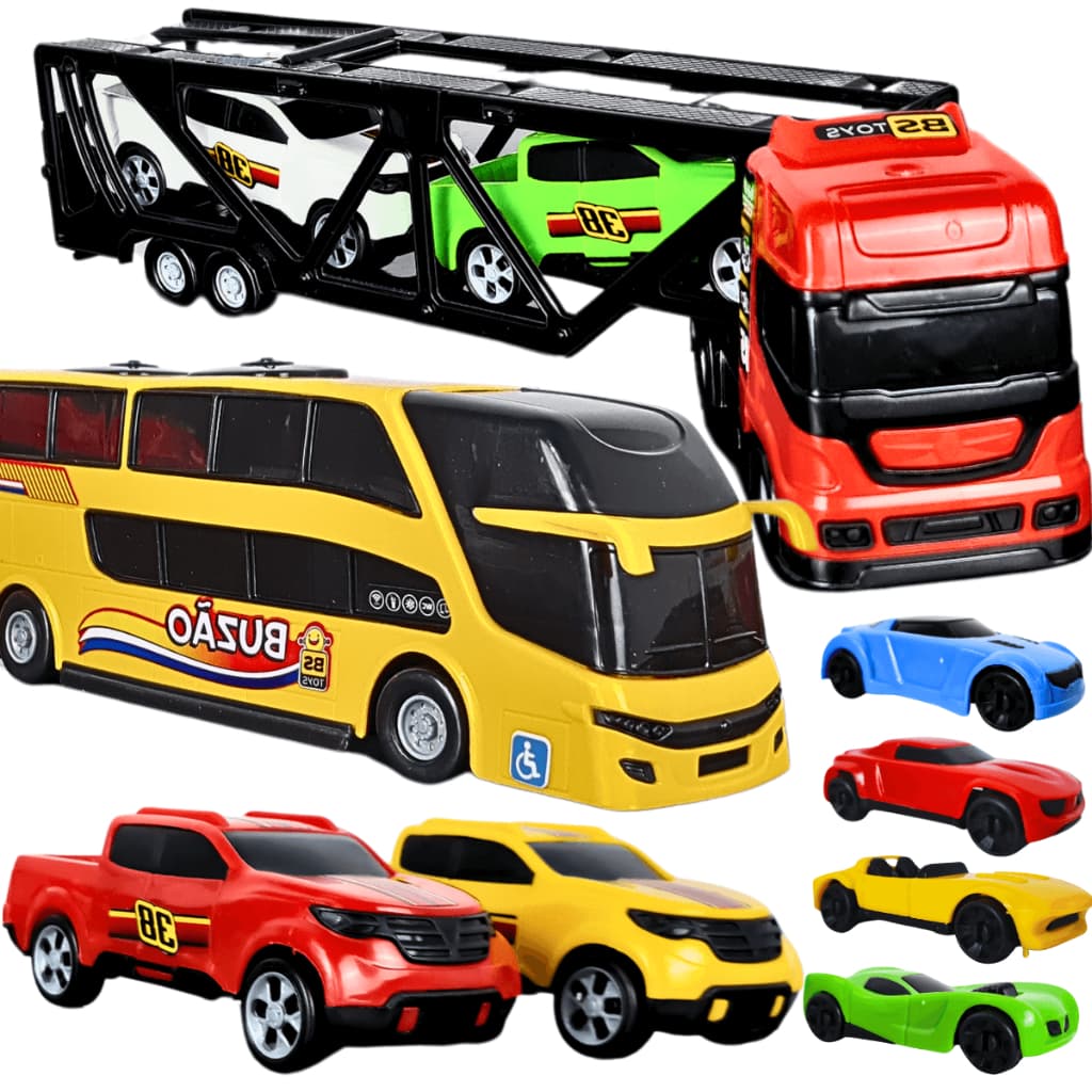 Kit Carrinho Brinquedo Caminhão 8 Pçs Cegonha Completo Ônibus Miniatura Presente Menino
