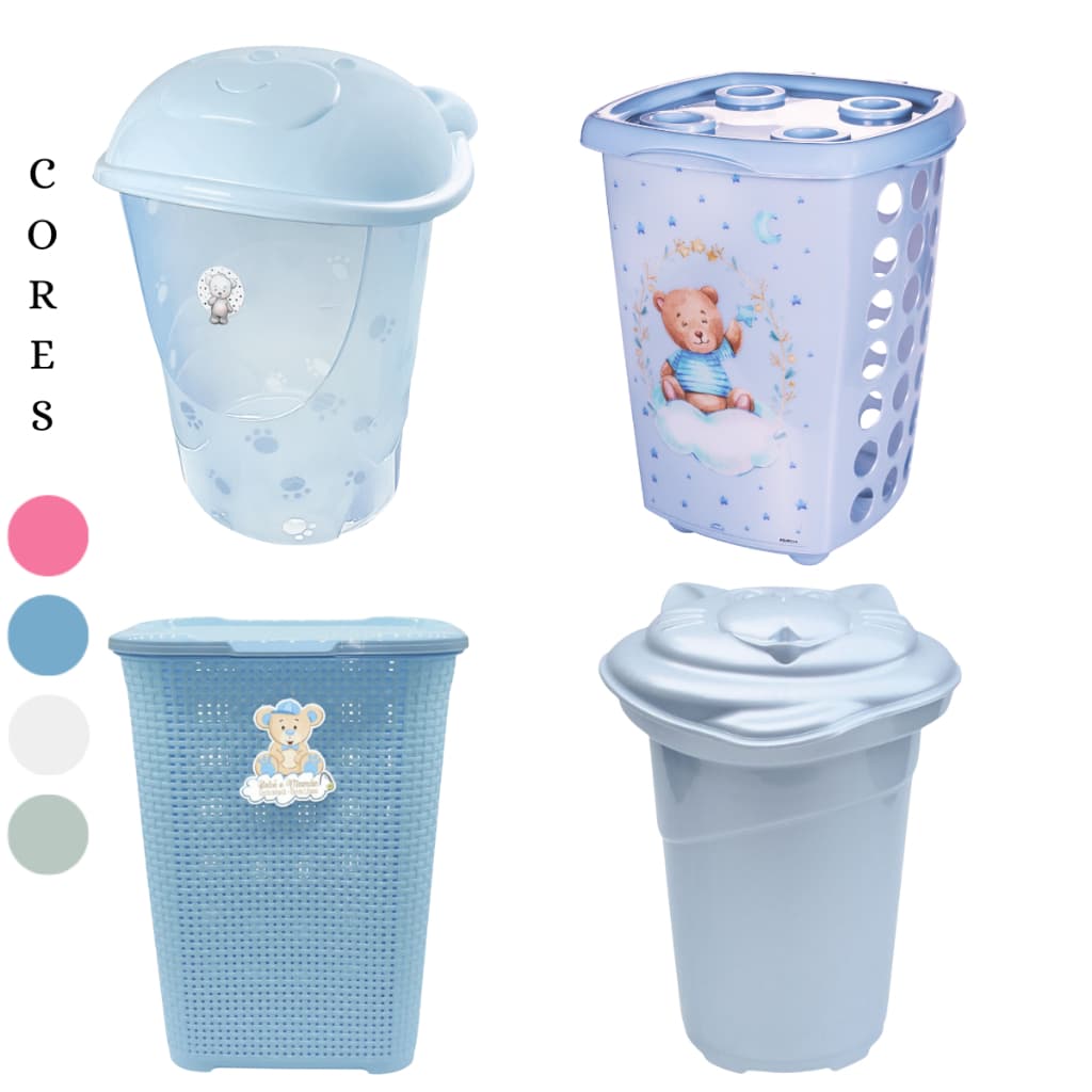CESTO DE ROUPAS PARA BEBÊ INFANTIL COM TAMPA DE URSO  50L - ADOLETA OU PLASTIBABY