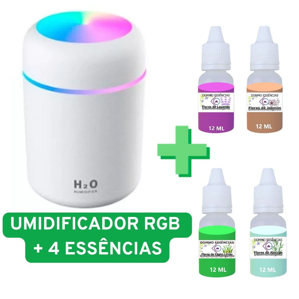 KIT Umidificador Aromatizador com Luzes RGB 300ml +4 Essências Difusor PORTÁTIL Aroma 12mL L.CL.J.A
