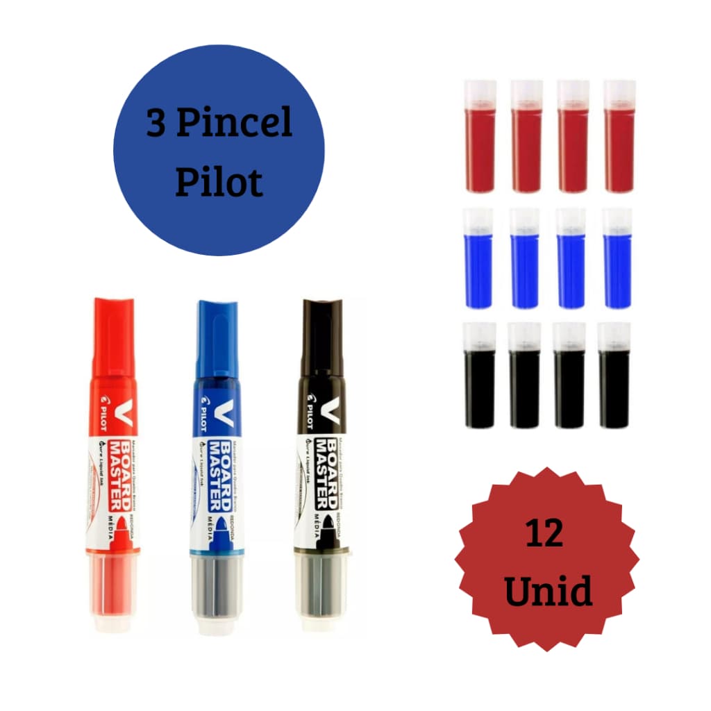 Kit 3 Pincéis Para Quadro Branco + 12 Recargas