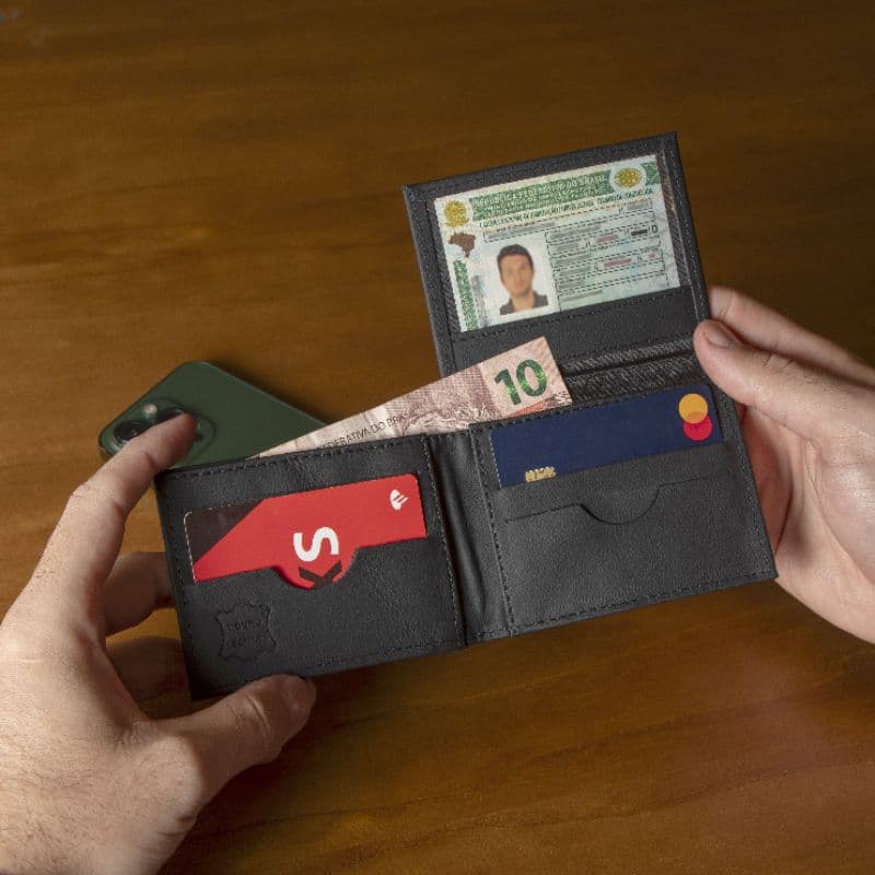 Carteira Masculina de Couro Legítimo Slim Modelo L Porta Cartão Documentos e Cédulas