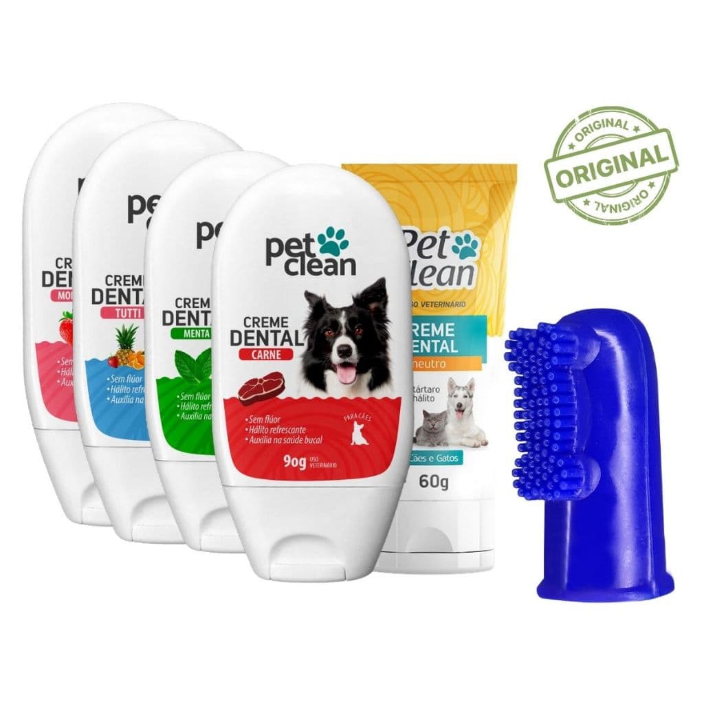 Kit Creme Dental e Dedeira Pet Clean 60g Previne mau hálito para cães e gatos