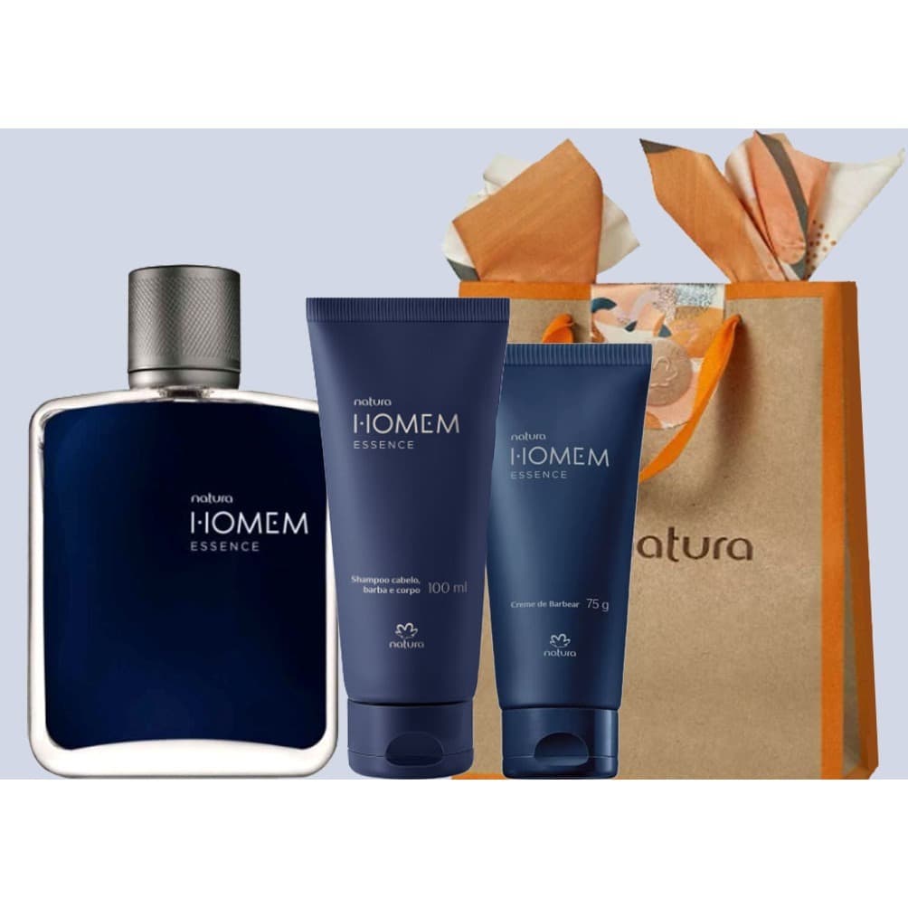 KIT NATURA HOMEM ESSENCE DEO PARFUM + SHAMPOO CABELO, BARBA E CORPO + CREME DE BARBEAR