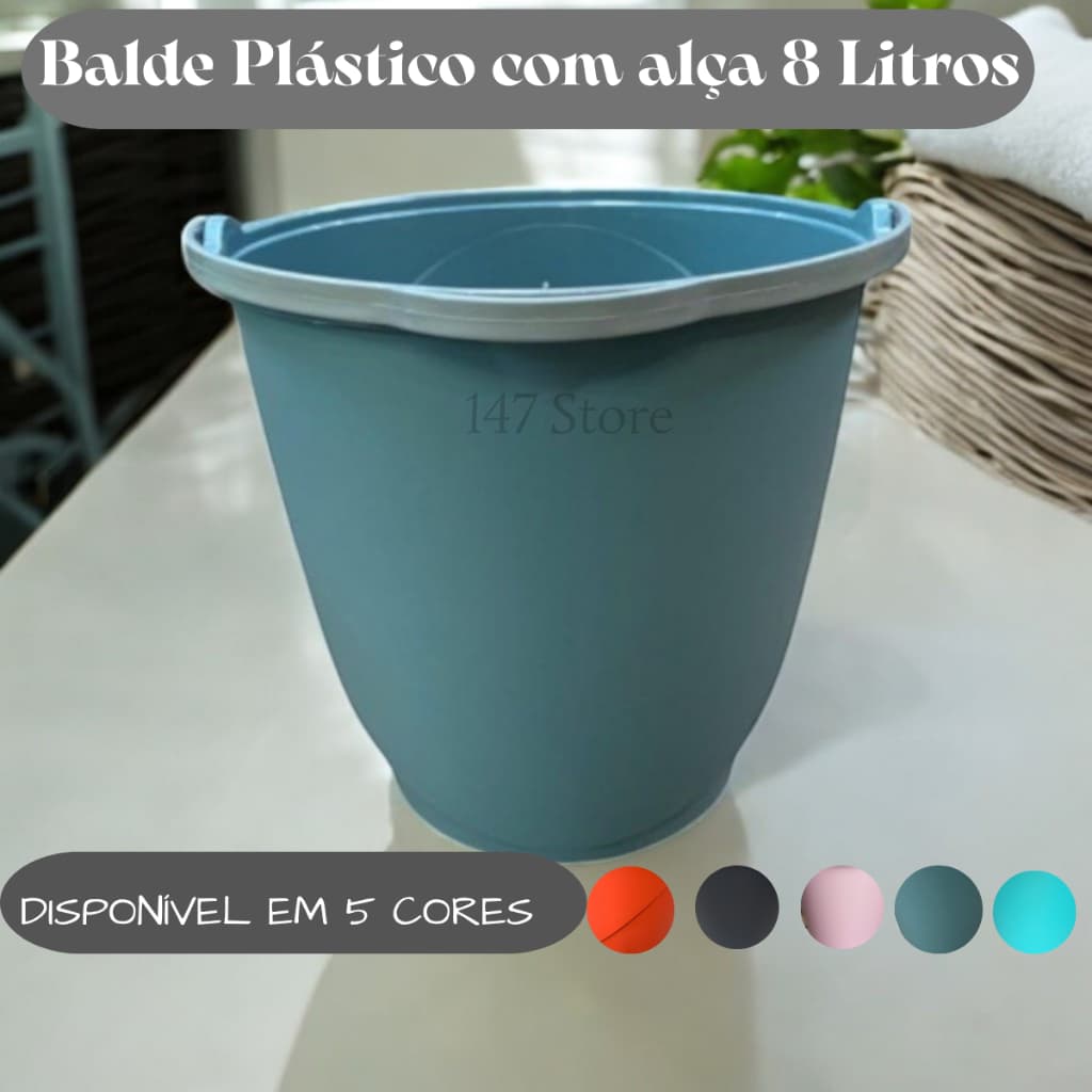 2 Balde Plástico com Alça Reforçado 8 Litros  Organização limpeza Multiuso