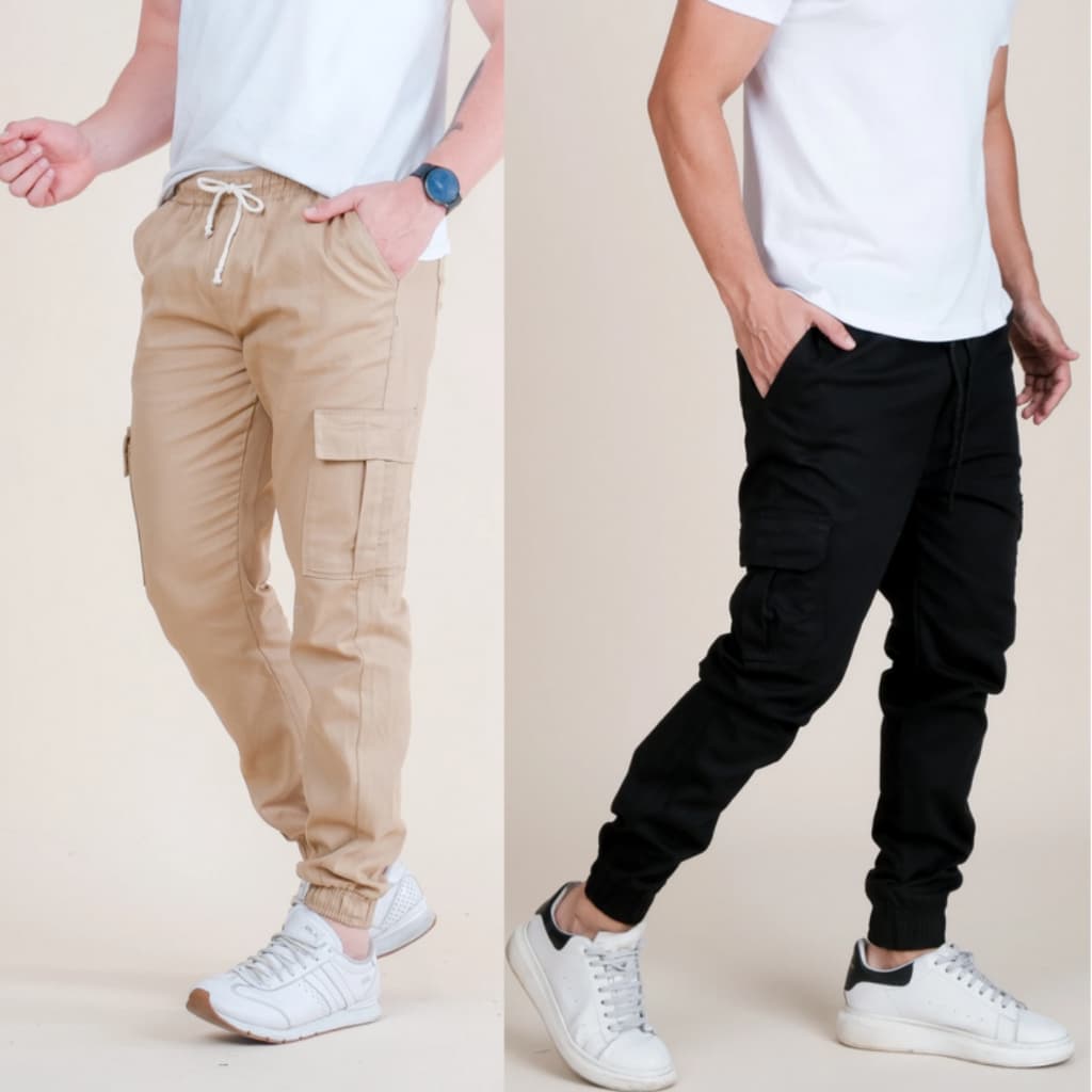 KIT 2 Calça cargo jogger masculina 6 Bolsos sarja skate casual 2025Hip-Hop Elástico slim