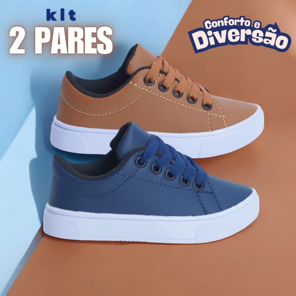 Kit 2 Pares Tênis Infantil Masculino Escolar Confortável Colegial com Solado Antiderrapante