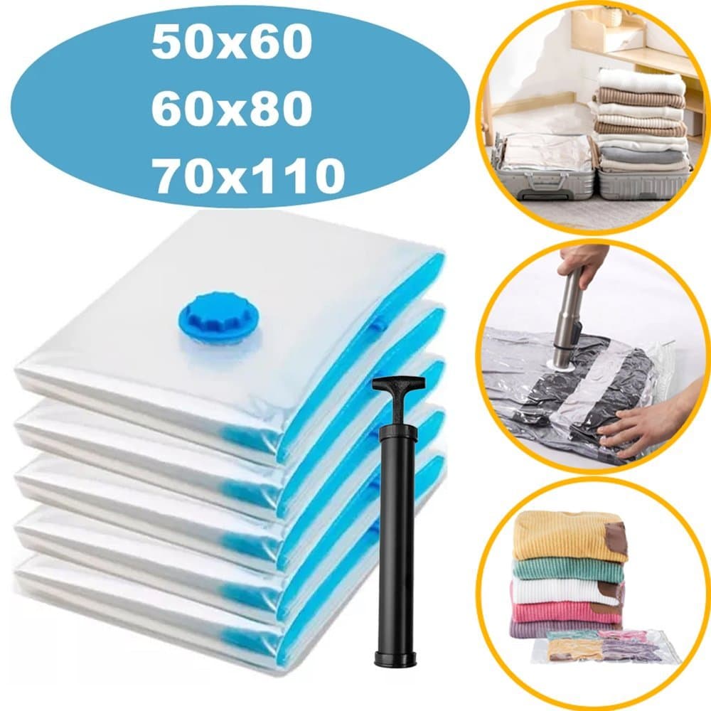 Kit Saco à Vácuo COM ou SEM Bomba Vários Tamanhos para Guarda Roupa Organização Mala Viagem Limpeza