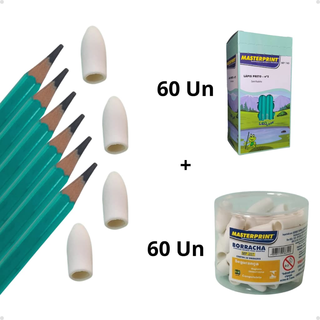 Kit 60 lápis de Escrever Nº2 Preto + 60 Borracha Branca Masterprint