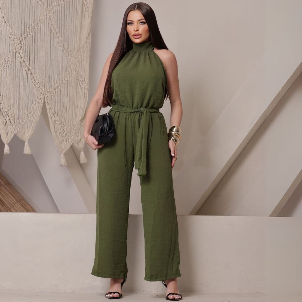 Macacão Pantalona Feminino Tecido Duna Gola Alta Elegante Sofisticado Amarração