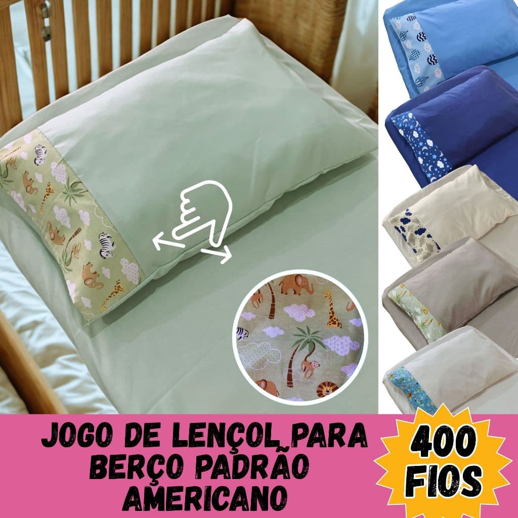 JOGO DE LENÇOL PARA BERÇO PADRÃO AMERICANO 400 FIOS LENÇOL E FRONHA MENINO