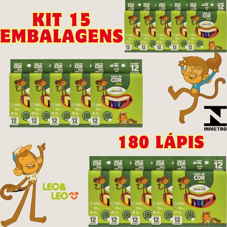 Kit 15 Embalagens 180 Lápis Mini Lápis de Cor Linha Eco Escolar Para Colorir Papelaria Leo&Leo