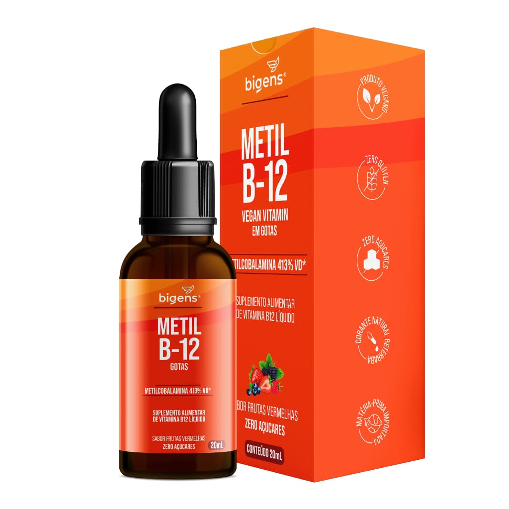 Metil B-12 Vegan vitamina gotas liquida, Metilcobalamina 413% VD, frutas vermelhas, 20mL, Bigens