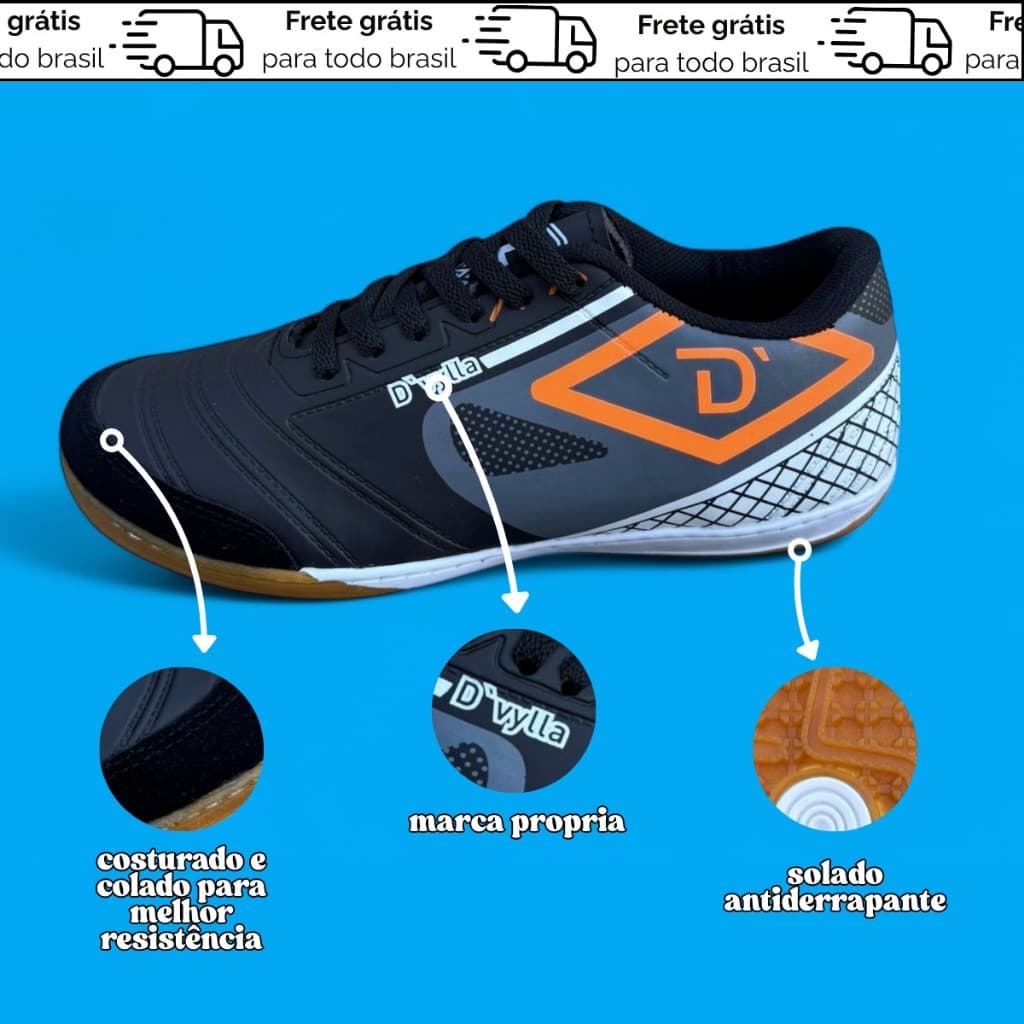 Chuteira de Futsal Masculina D'vylla Durabilidade e Conforto em Todos os Tamanhos 34 a 43