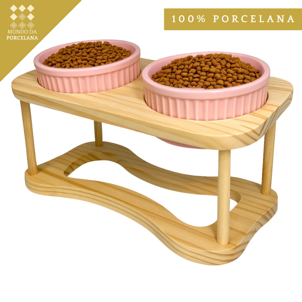 Comedouro Duplo Porcelana Rosa Elevado Gato e Cão Cachorro Bebedouro Petshop