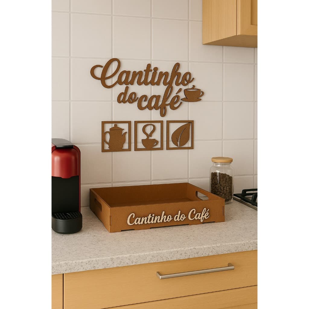 Kit Bandeja Cantinho do Café Marrom em MDF Com Apliques de Parede Decoração Cantinho de Café