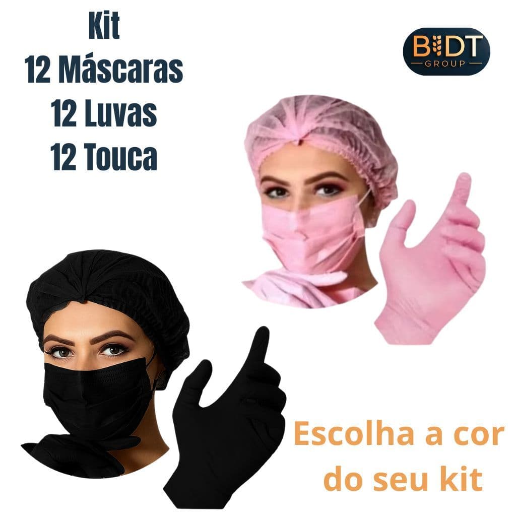Kits Luvas, Máscaras e Toucas Rosa e Preta com 12 Unidades de cada