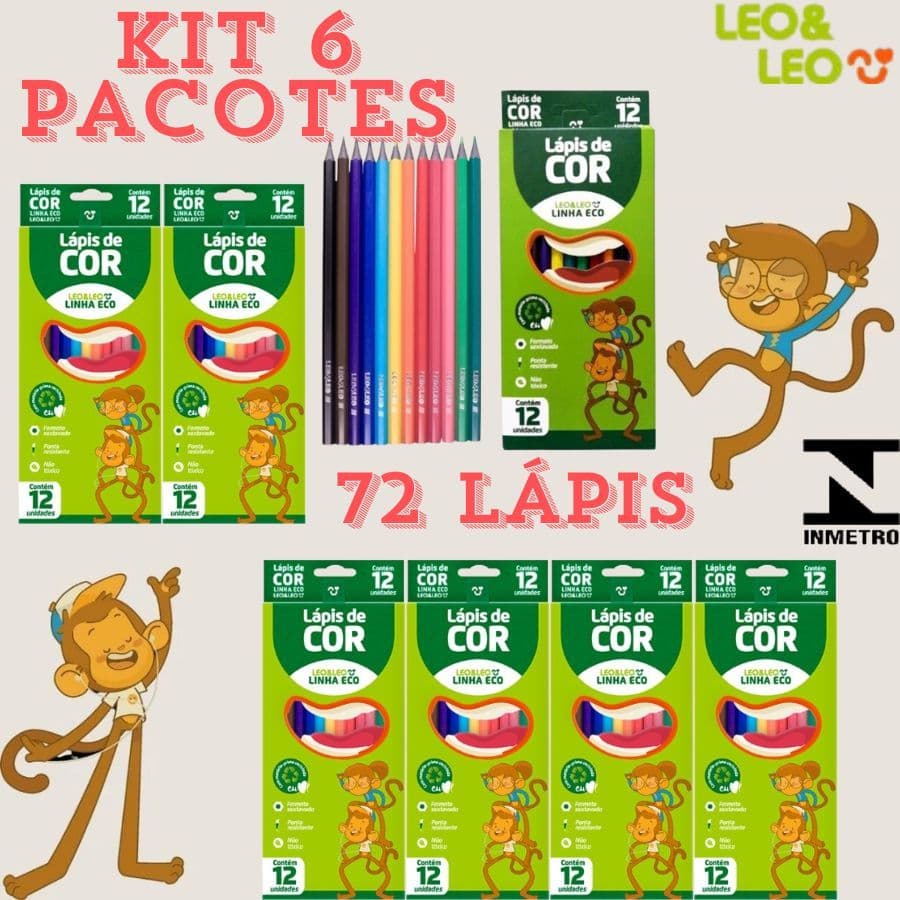 Kit 6 Pacotes 72 Lápis 17,5cm De Colorir Leo&Leo Linha Eco Escolar Infantil Itens De Papelaria