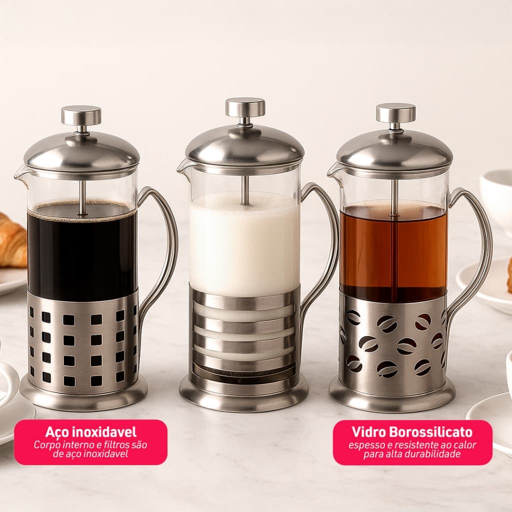Cafeteira Francesa Cremeira 600ml Inox Leite Café Chá 3 modelos - Dolce Home