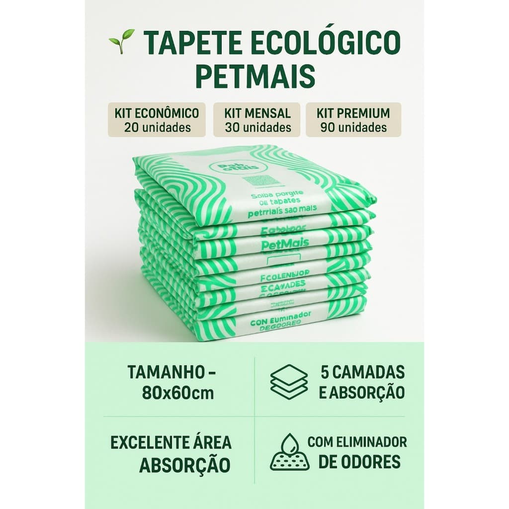 Tapete Higiênico 80x60 Ecológico PetMais Ultra Absorvente e Sustentável para Cães