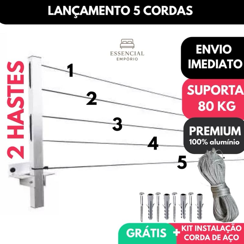 Varal de Roupa de Parede Retrátil  5 cordas Para Sacada Até 80kg