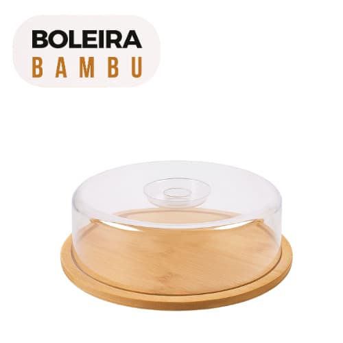 Boleira Bambu Com Tampa Em Acrílico Porta Bolo Para Bolo Torta Pudim Queijo 28cm