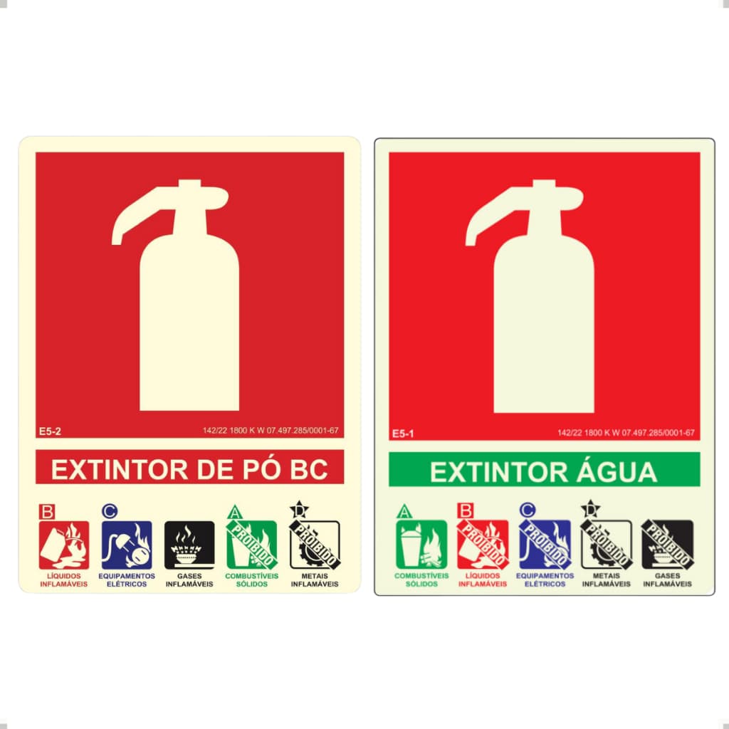 Placa De Sinalização Informativa Extintor Água E Pó Químico Bc E51 E52 Kit com 2 Placas Atende norma NBR 13434
