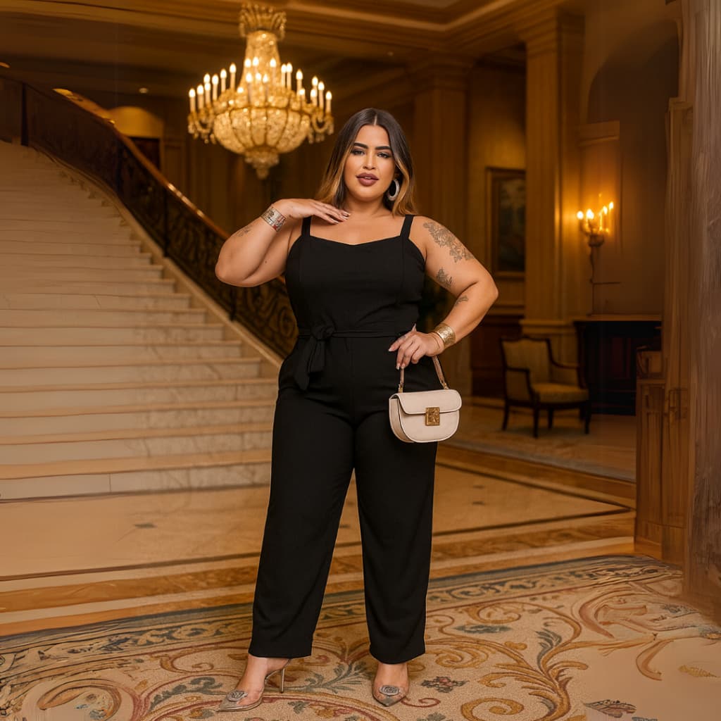 Macacão De Alcinha e Cinto com Amarração Plus Size Social Veste do 46 ao 48