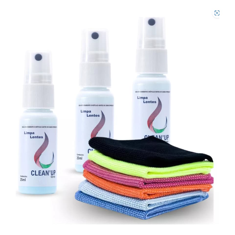 Kit 3 Limpa Lentes Clean Up com Spray + 3 Flanelas Mágicas Para Óculos, Celular, Notebooks e Telas