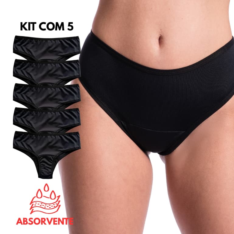 Kit 5 Calcinhas Absorvente Mestrual Incontinência Urinária Antibacteriana Reutilizável