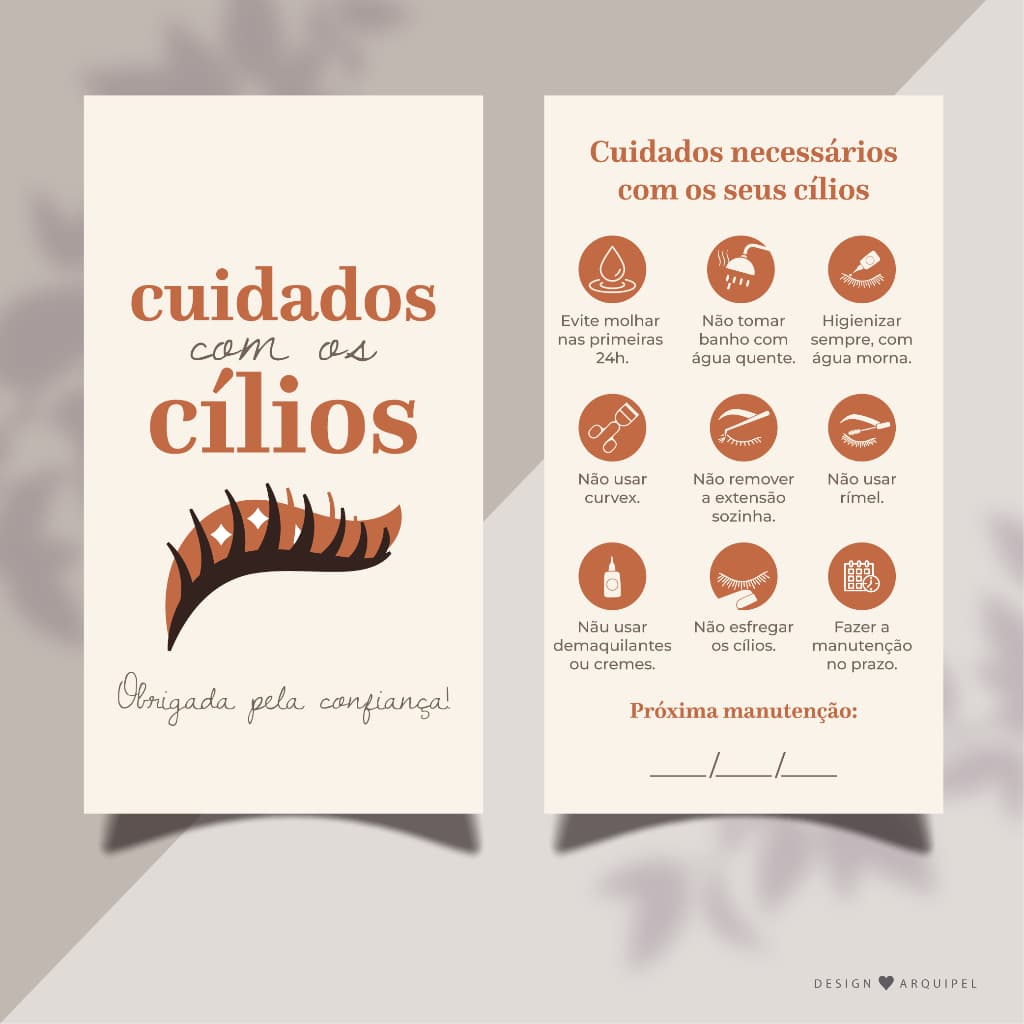 Cartão de Cuidados com Cílios alongamento, extensão de cílios 5x9cm Mimos e Brindes