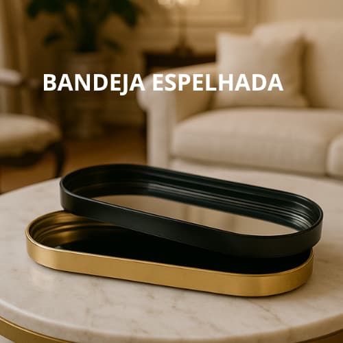 BANDEJA ESPELHADA DECORATIVA MULTIUSO BANHEIRO LAVABO SALA PRETO DOURADO