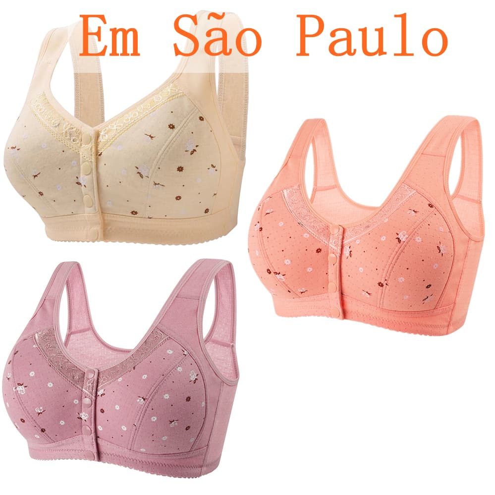 Sutiã Feminino Roupa Interior Plus Size Lingerie Puro Algodão Sem Fio Linha Frontal Botões De Renda Impressão De Borda