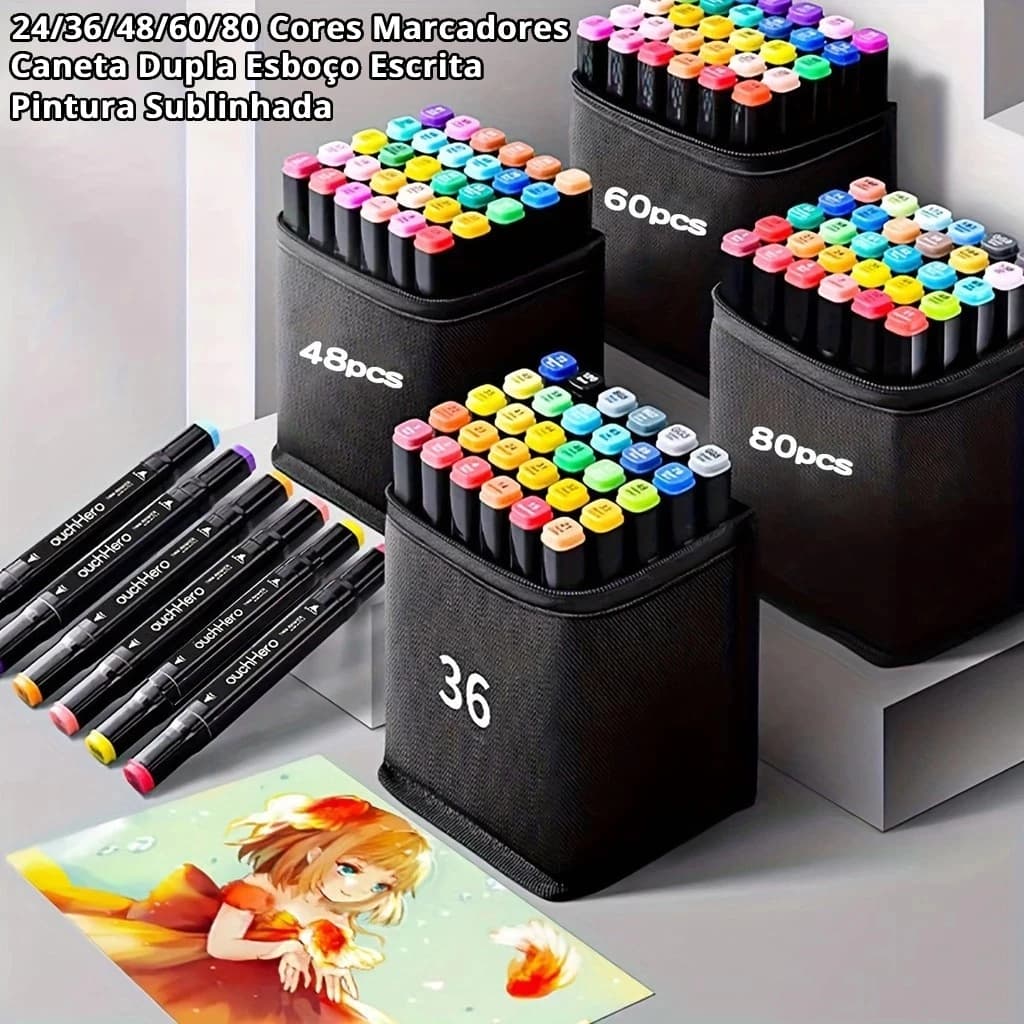 12/24/30/36/48/60/80 Cores Caneta Marcadora De Cabeça Dupla Oleosa Montagem Artística Para Estudantes Material Escolar