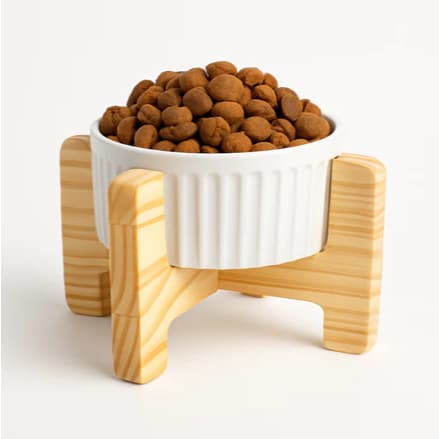 Kit 1/2 Comedouro Pet Elevado Madeira Potes Porcelana Estilo Saúde Cachorro Gato Ração
