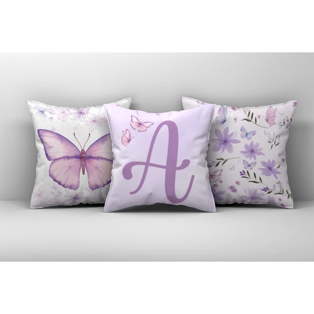 Kit 3 Capas de Almofada Borboleta Lilás com Inicial