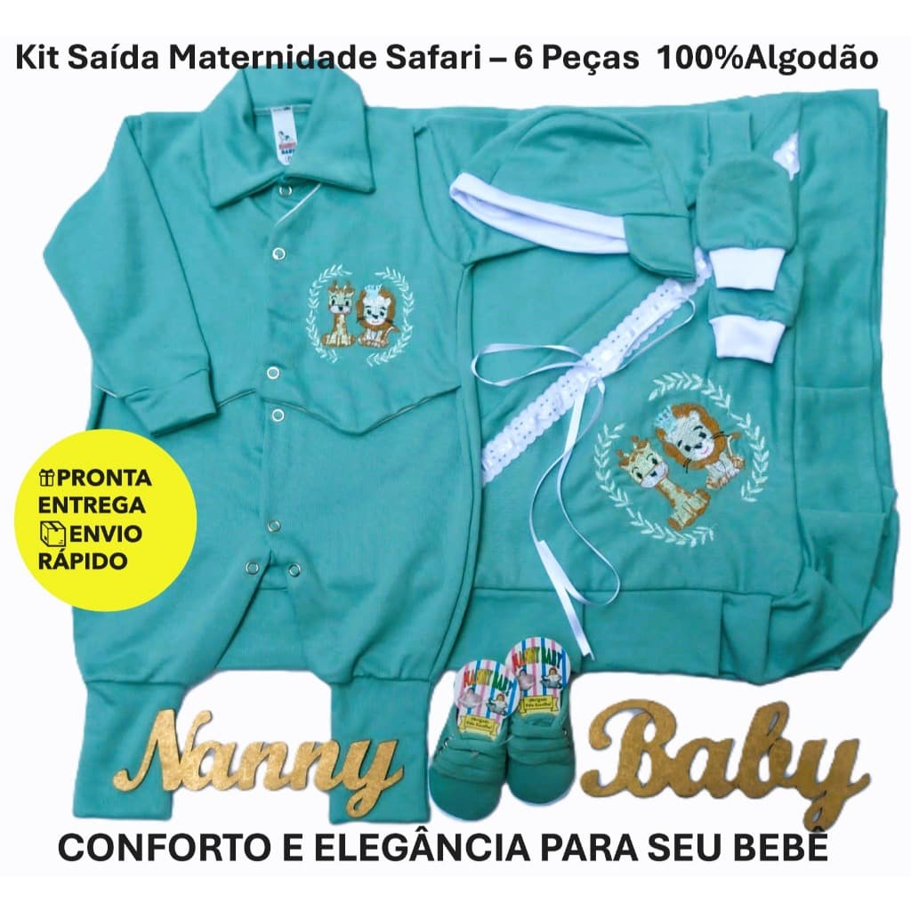 Saída Maternidade Masculino Luxo I Kit Completo 6 peças tamanho RN I Bordado Safari I 100% Algodão