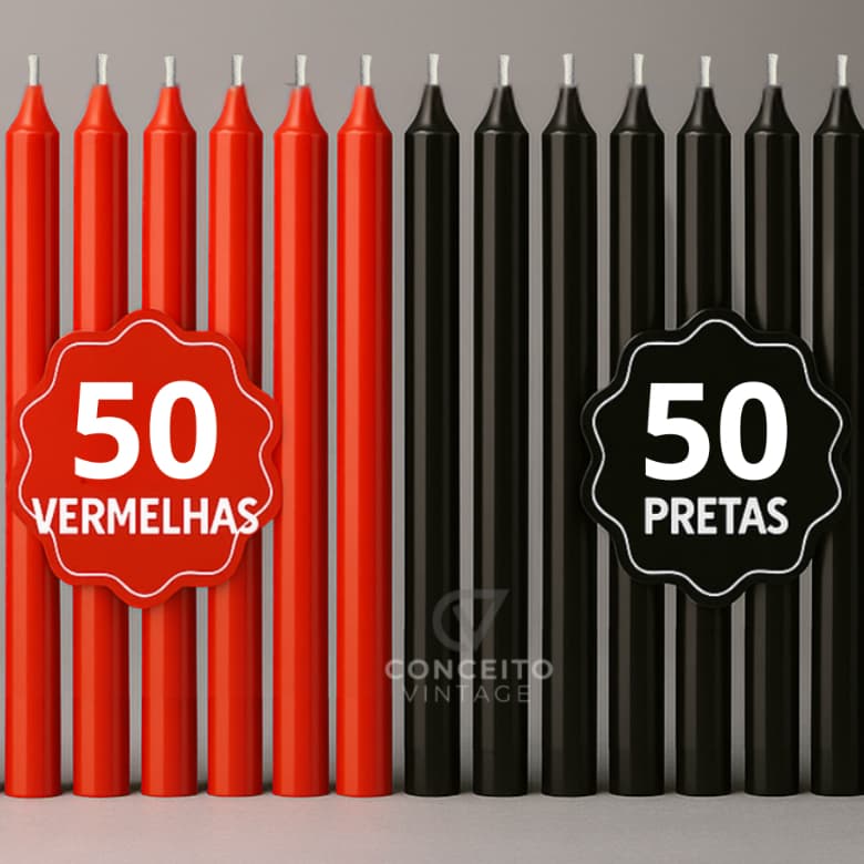 Kit Velas Coloridas Preta e Vermelha Vela Palito 16 x 1,2 cm - 100 Unidades