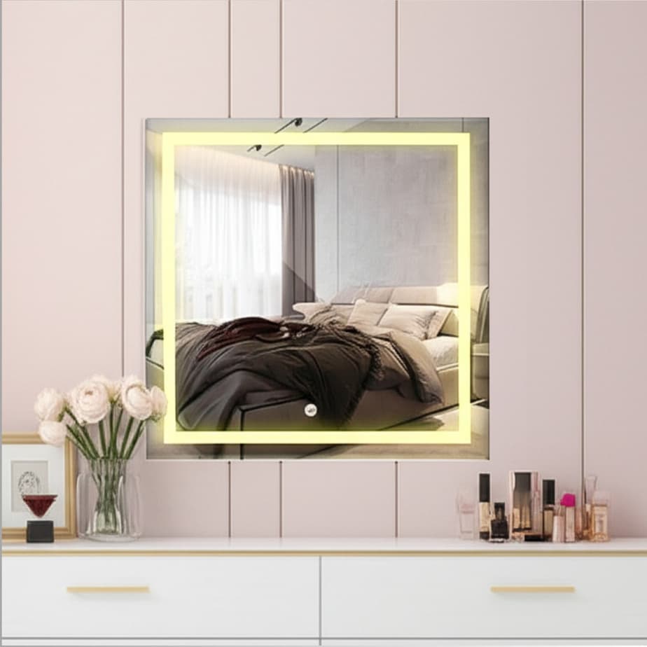 Espelho Quadrado Jateado 50x50 Com Luz de LED 3 cores sensor Touch Screen Bivolt de Luxo Decorativo Banheiro Camarim