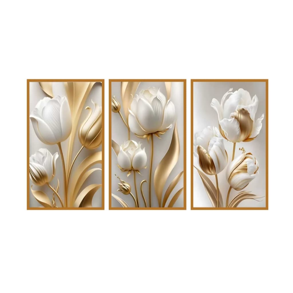 Quadro Decorativo 3 Peças 60x40 Flores Tulipas Brancas Douradas Premium Luxo Quarto Sala
