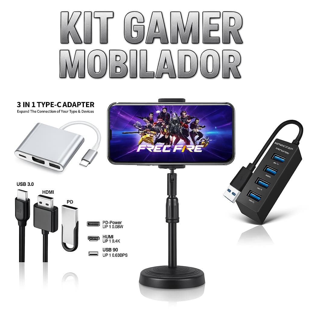 Kit Mobilador Gamer Hub 4 portas Adaptador Suporte Ajustavel Resistente Celular Jogos Mobile Online