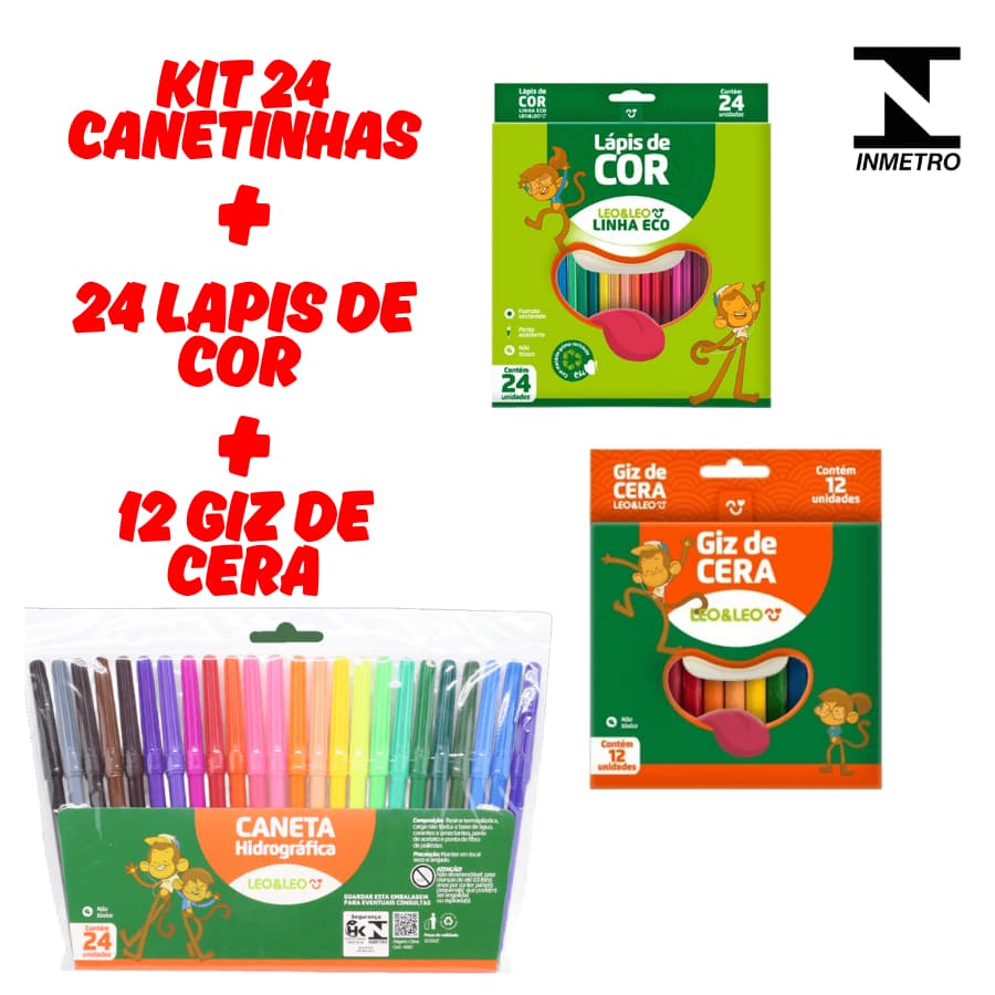 KIT Giz De Cera 12 Cores E Canetinha 24 cores E Lápis De Cor 24 Cores Infantil Escolar Pintura Arte