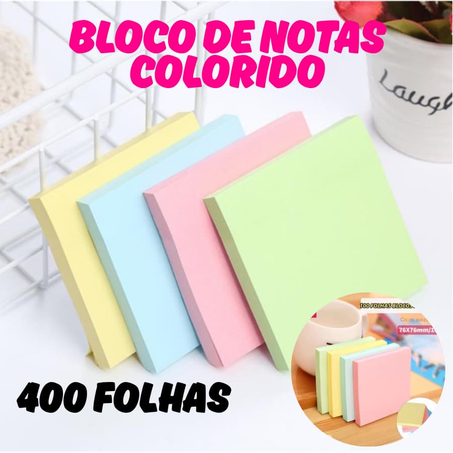 Bloco De Notas Adesivo Colorido 400 Folhas Post It Para Anotações De Recados Multiuso
