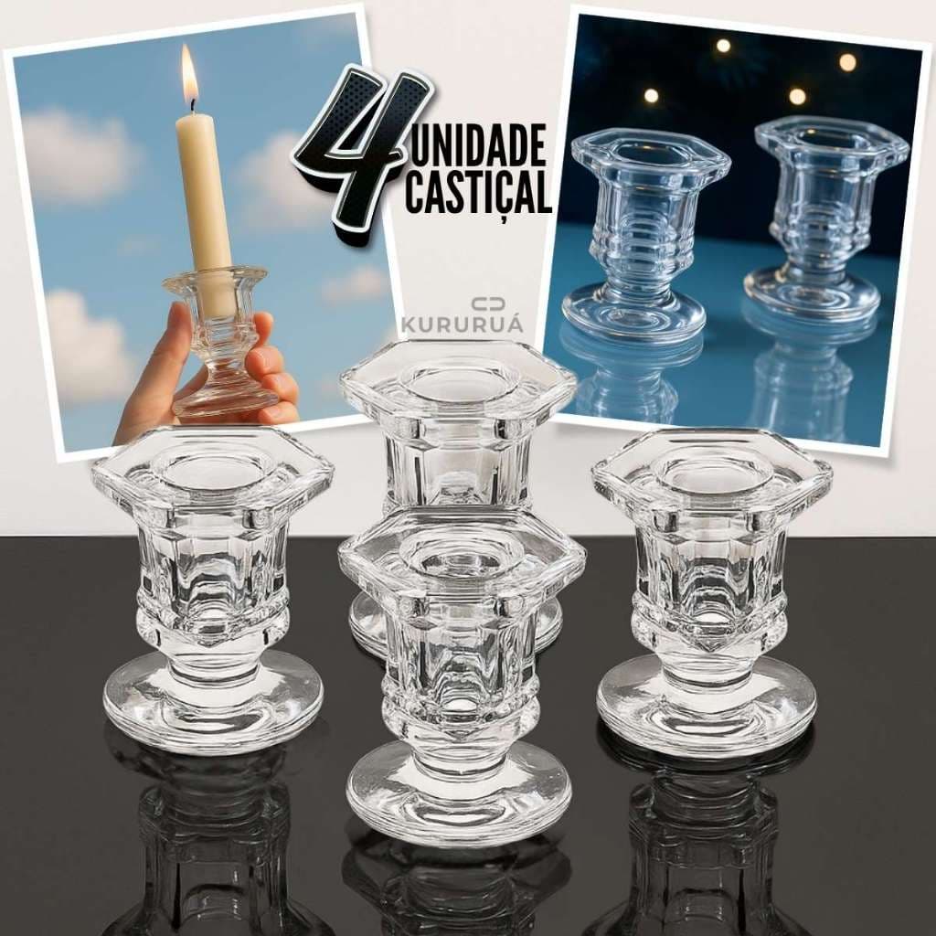 Kit 04 Porta Vela Castiçal De Vidro Resistente Veneza