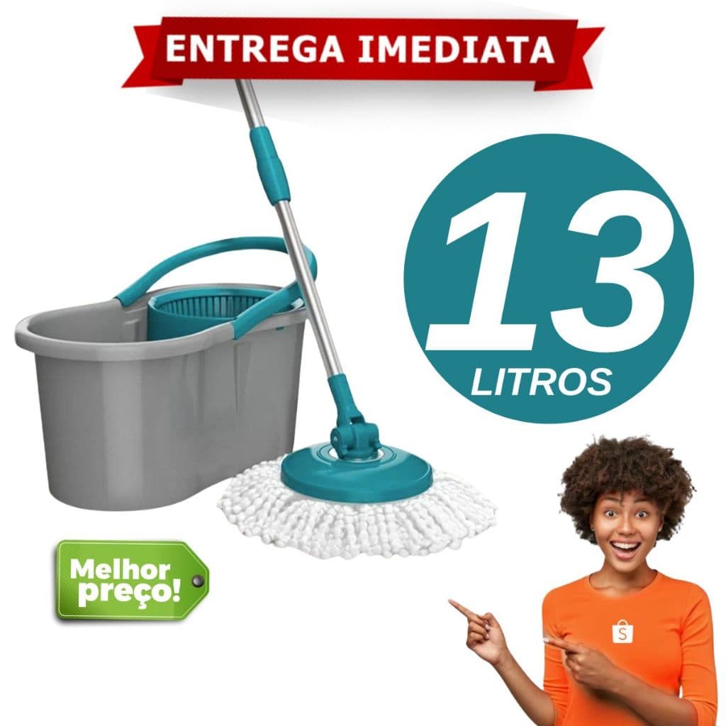 Esfregão Mop Giratório 13 Litros Fit com Cabo Inox Regulável