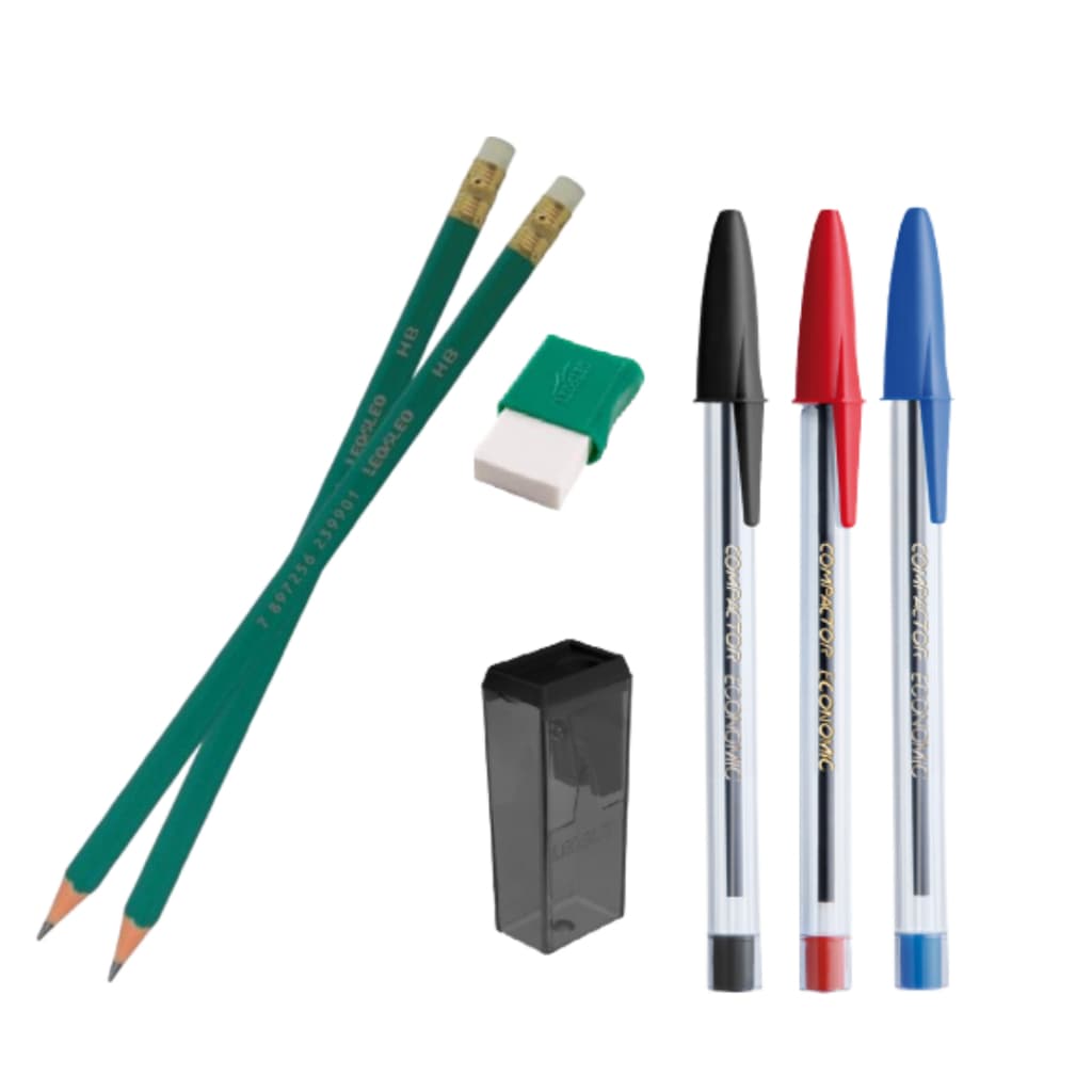 Kit Escolar HB- Lapis HB - Borracha- Apontador- Caneta Esferográfica- Escritório- Papelaria- Volta as aulas
