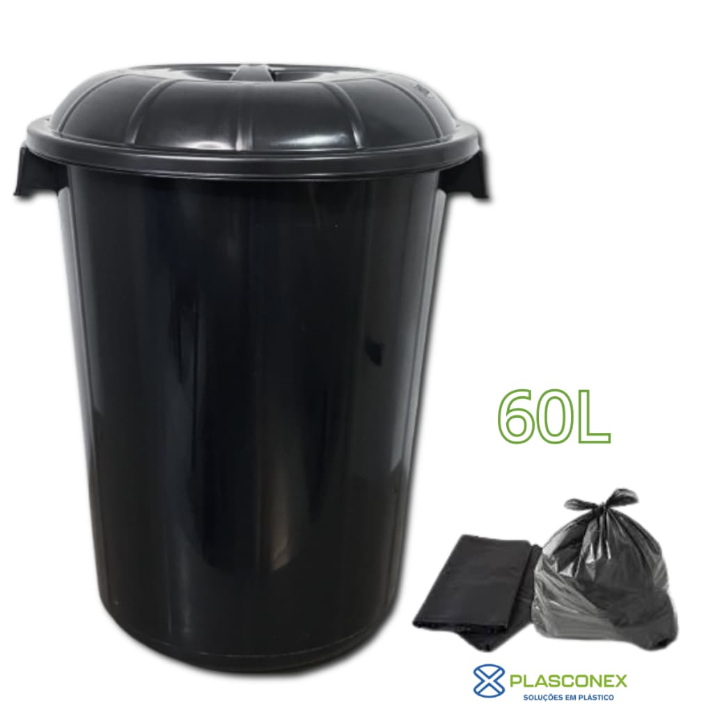 Cesto Lixo Lixeira 60L Reforçado C/ Tampa E Alça Multiuso Cozinha Banheiro Lavanderia - Vários Tamanhos - Plasconex