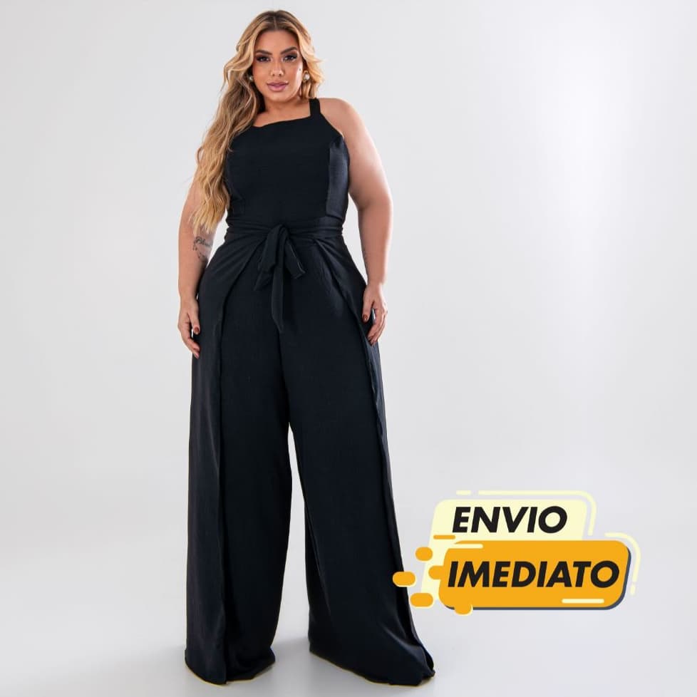 Macacão Pantalona Plus Size Longo Elegante Feminino Envelope Liso EXG Plus Size Curve